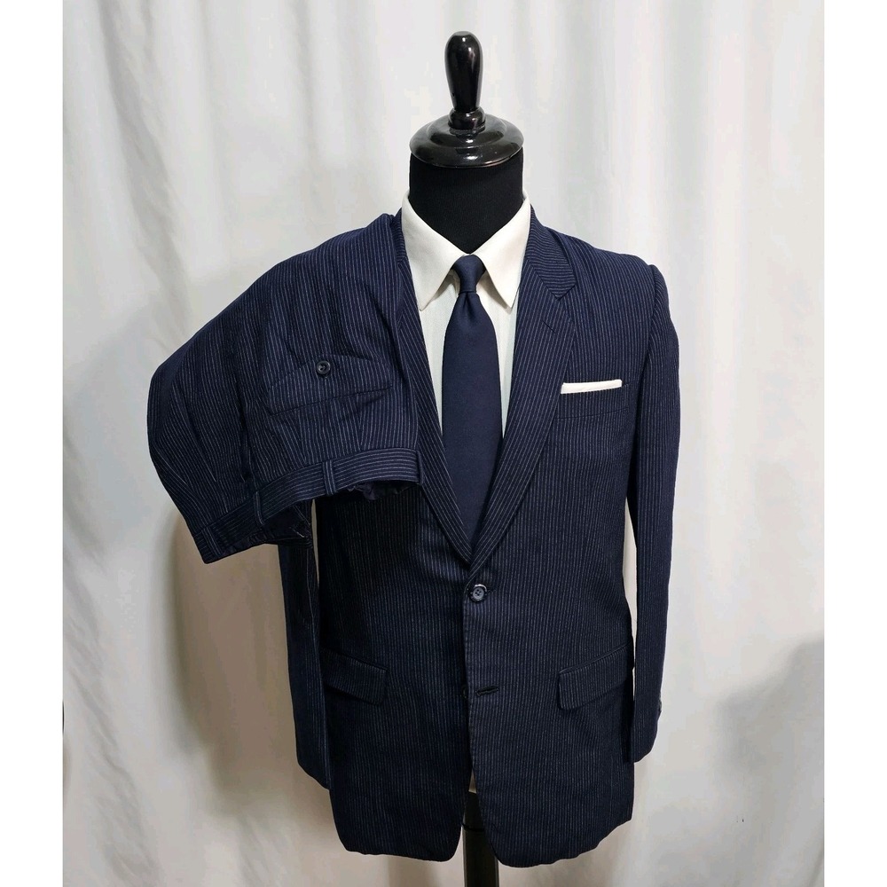 Vtg 50's Feroze Din Janjua BESPOKE Suit Men 40R Pants 34x29 Pinstripe Navy White